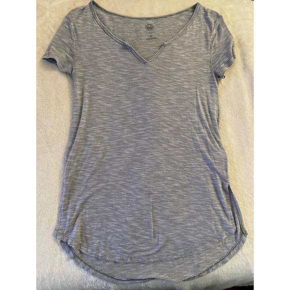 SO Tops - Relaxed Grey Space Dye Stripe Notched V-Neck Short Sleeve Tee XS